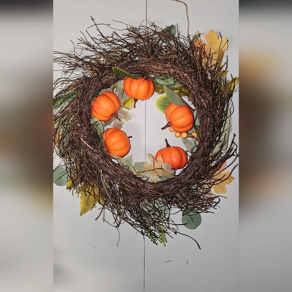 Autumn Harvest Wreath with Orange Pumpkins